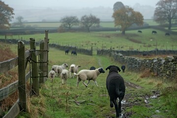 Fototapeta premium Farmer and his loyal dog working together to herd sheep in the highlands.