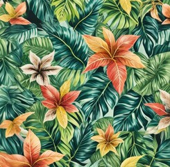 tropical bright leaves in green and orange