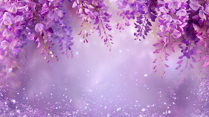 Wisteria flowers with glitter bokeh background. Copy space.	