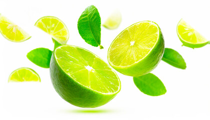 limes with half slices lime falling or flying in the air with green leaves isolated on white background. Generative AI.