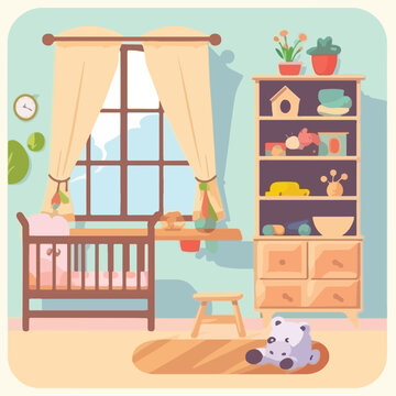 Baby room interior. Flat design. Baby room with a w