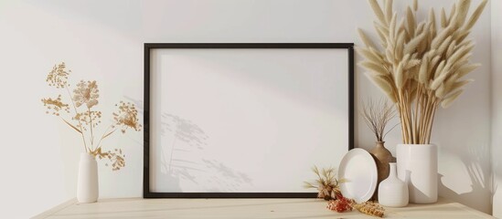 Mockup of a poster frame, shown from the front, adorned with decor items, flowers, and a blank area for text against a white wall.