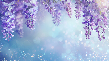 Fototapeta na wymiar Wisteria flowers with glitter bokeh background. Copy space. 