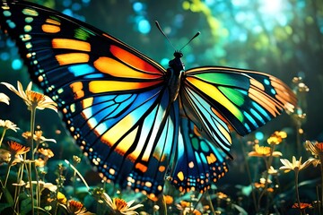 large stunningly beautiful fairy wings Fantasy abstract paint colorful butterfly sits on garden.The...