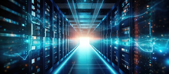 A long hallway in the data center is filled with rows of Azure servers, illuminated by visual effect lighting in electric blue, creating a symmetrical and artistic display