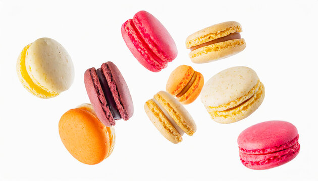 macaroons falling or flying in the air isolated on white background. Generative AI.