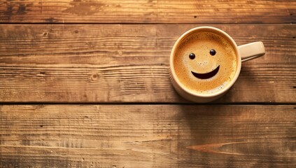 Hot chocolate, a happy hot chocolate, coffee, expresso in a white cup with a smiley face on a rustic wood background a good morning start to the day - obrazy, fototapety, plakaty