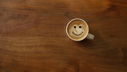 Hot chocolate, a happy hot chocolate, coffee, expresso in a white cup with a smiley face on a rustic wood background a good morning start to the day - obrazy, fototapety, plakaty
