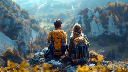 Couple is hiking in mountain - obrazy, fototapety, plakaty