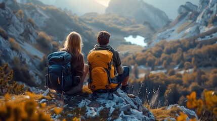Couple is hiking in mountain - obrazy, fototapety, plakaty