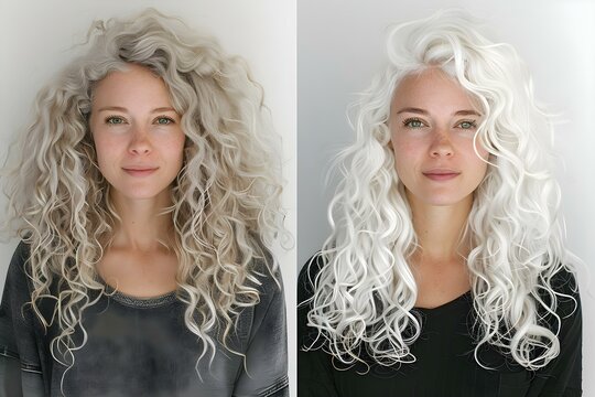 before and after photo of curly white hair extensions in the style of Minimalist Music centered professional photo copy space. Concept Before and After, Curly White Hair Extensions, Minimalist Music