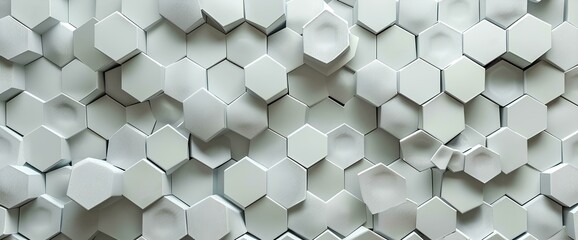 Abstract 3d rendering of white hexagons in chaotic structure. Futuristic background with hexagons.