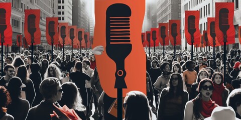 Graphic representation of a protest for free speech with microphones and a crowd.
