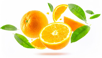 oranges with half slices orange falling or flying in the air with green leaves isolated on white background. Generative AI.