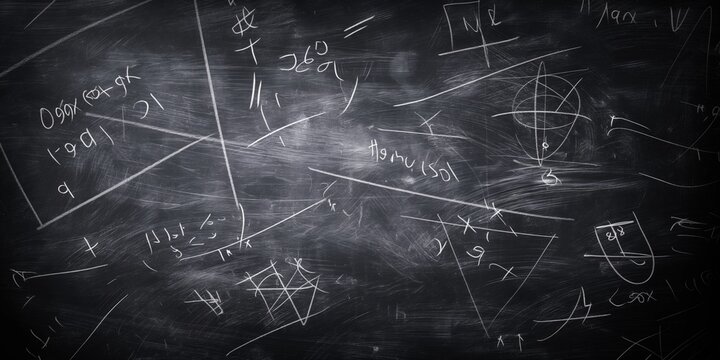 Chalkboard with scientific equations and diagrams, suggesting complex mathematical concepts.