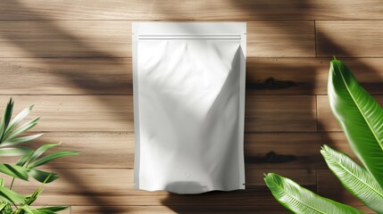 White coffee bag packaging mockup on a wooden table, top view