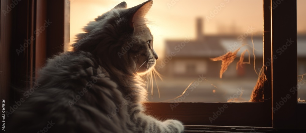 Poster a felidae carnivore, the cat with small to mediumsized ears and whiskers, is gazing out a window at 