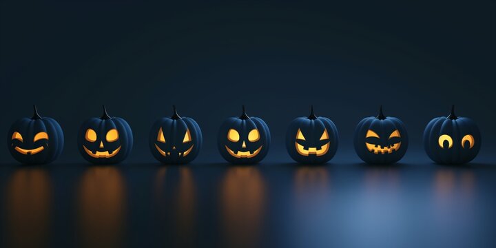Row of carved pumpkins with varied expressions illuminated in darkness.
