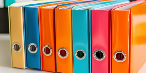 Row of colorful office binders on a shelf, organized documentation concept.