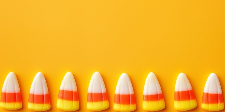 Candy corn on a yellow background, perfect for festive themes and Halloween celebrations.