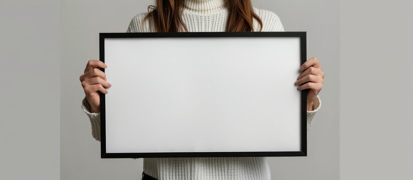 A woman is holding a mockup of a blank poster with a black frame on a gray background.