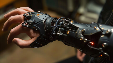 An individuals forearm is covered in a hightech sleeve with sensors attached. The sleeve allows for precise movements and control of a prosthetic arm increasing mobility and