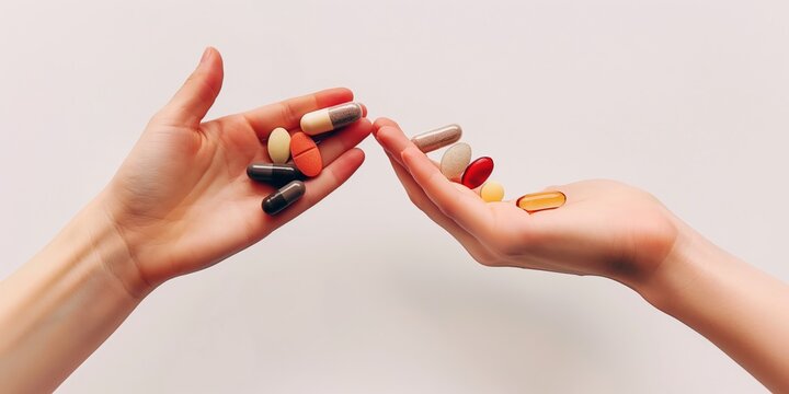 Two hands exchanging a variety of pills, depicting healthcare or medication sharing.