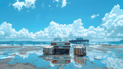 An old rusted car with luggage on top is parked on a beach. The sky is blue with large clouds - obrazy, fototapety, plakaty