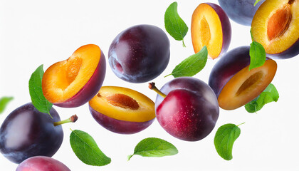 plums with half slices plum falling or flying in the air with green leaves isolated on white background. Generative AI.