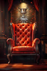 Red winner or champion chair, trophy on a fame chair with lime light 