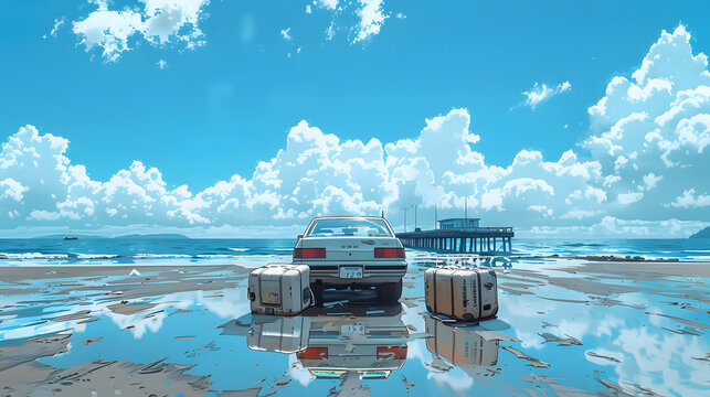 An old rusted car with luggage on top is parked on a beach. The sky is blue with large clouds