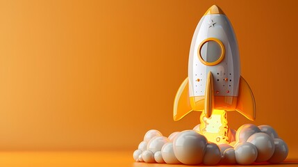Cute cartoon rocket model ready to take off on yellow gradient background  - obrazy, fototapety, plakaty
