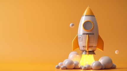 Cute cartoon rocket model ready to take off on yellow gradient background 
