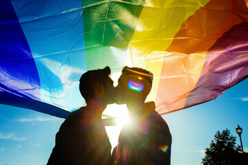 Backlit kiss with gay flag, couple with lgbt colours flying above them in a skyscape