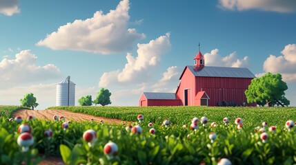 a red barn in a field with flowers and a silo in the background - obrazy, fototapety, plakaty