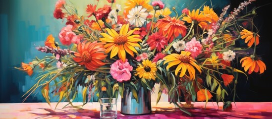 An art piece depicting a vase filled with a vibrant bouquet of cut flowers on a table, showcasing...