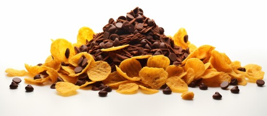 Obraz premium A pile of corn flakes and chocolate chips, key ingredients for a delicious snack. Perfect for sharing at events or as a staple food in your cuisine recipes