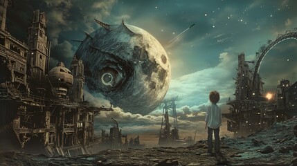 a boy standing in front of a giant object in a surreal landscape - obrazy, fototapety, plakaty