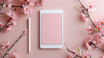 a pink phone with a pen and flowers