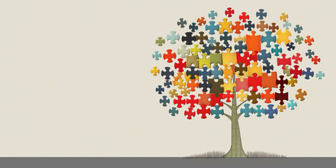 Jigsaw puzzle tree with colorful pieces against a plain background, symbolizing family and unity.