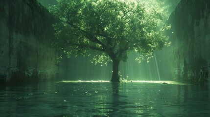 a tree in a flooded area with sunlight