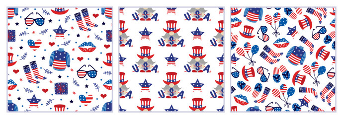 American Independence Day, seamless vector patterns set. 4th of July celebration-gnome in a hat with a USA garland, balloons, stars, kiss of freedom. Traditional national event, patriotic backgrounds