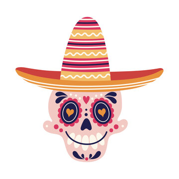 Mexican sugar skull vector illustration. Human head with a painted ornament, wearing a sombrero hat. Smiling face, funny mask for Cinco de Mayo, Day of the Dead. Scary bone, isolated colorful doodle