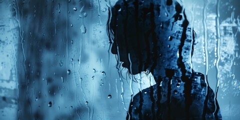 a woman standing in front of a window covered in rain drops - obrazy, fototapety, plakaty