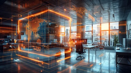 Cyberpunk office interior blurred with some information technology overlay