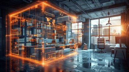 Cyberpunk office interior blurred with some information technology overlay