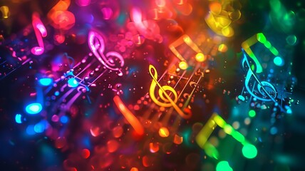 A handful of rainbow-colored musical symbols, backlight, AI Generative - obrazy, fototapety, plakaty