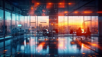 Cyberpunk office interior blurred with some information technology overlay