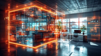 Cyberpunk office interior blurred with some information technology overlay