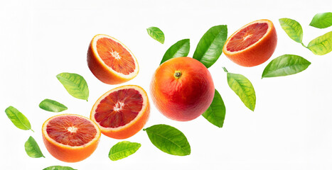 red oranges with half slices Sicilian orange falling or flying in the air with green leaves isolated on white background. Generative AI.